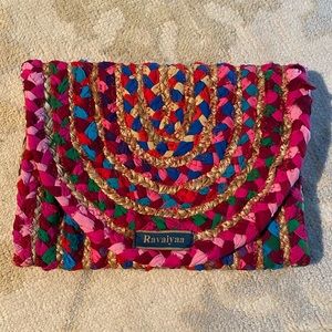 Hot pink raffia woven boho clutch bag purse unique